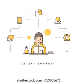 Client support. Cartoon character talking on headset. Vector illustration with flat line icons