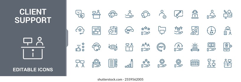 Client Support icon set. Icon feedback, technical, support, computer, operator, excellent, center, assistance. Thin UI minimalist icon design. Vector illustration.