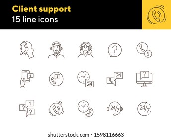 Client support line icon set. Phone, chat, call center operator. Online support concept. Can be used for topics like help, service, contact center