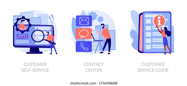 Client support online helpline. Digital product maintenance tutorial. Customer self-service, contact center, customer service guide metaphors. Vector isolated concept metaphor illustrations