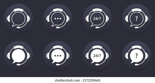 Client Support Service on Dark Background. Headset with Question Mark, Ellipsis. Hotline Concept Silhouette and Line Icons. Around Clock Telephone and Online Help Pictogram. Vector Illustration.