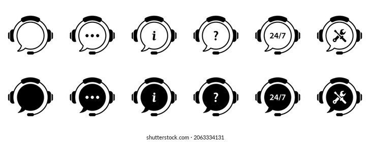 Servicio de soporte al cliente en fondo blanco. Auriculares con signo de interrogación, Ellipsis. Silhouette y Iconos de línea directa. Alrededor del teléfono del reloj y del pictograma de ayuda en línea. Ilustración vectorial.