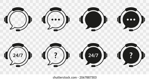 Client Support Silhouette and Line Icons Set. Headset with Question Mark, Ellipsis on Transparent Background. Hotline Concept. Around Clock Telephone and Online Help Pictogram. Vector Illustration.