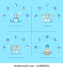 Client support. Teamwork. Business strategy. Delivery service. Set of vector illustrations with flat line icons and cartoon characters