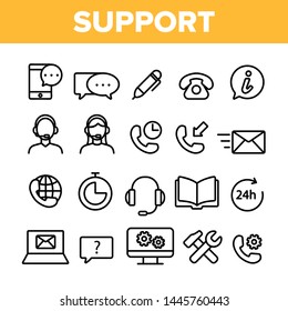 Client Support Vector Thin Line Icons Set. Customer Support, Helpline, Helpdesk Consultants Linear Pictograms. 24h Call Center Workers, Mobile App, Settings Notifications, Email Contour Illustrations