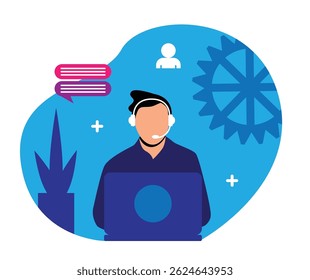 Trabalhador de suporte ao cliente com computador e fone de ouvido trabalhando no escritório. Pessoas no trabalho e atividades vetoriais