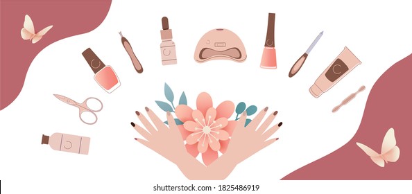 The Client Is Surrounded By Tools And Cosmetics For Nail Care. Beauty Salon. Women's Hands Holding Flowers. Colorful Vector Illustration.