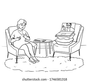 Client talking to her therapist online and receiving help while at home. Professional counseling speech therapy video call with psychologist. Mental health care: depression and anxiety treatment