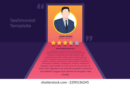 Client Testimonial. Customer rating. Template for Reviews on websites. 3d Perspective view. Person with name and Stars. Purple and orange in color. Best for Corporate graphic design project.