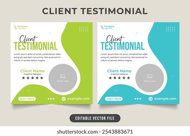 Testemunho do cliente e modelo de seção de revisão com verde claro e azul claro. Vetor de depoimento de cliente criativo para comentário de site. Seção de análise do cliente com um espaço reservado para foto.