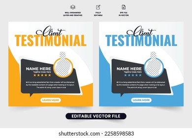 Client testimonial and review template vector with yellow and blue colors. Modern business promotion and customer review layout design for marketing. Client feedback template with photo placeholders.