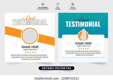 Client testimonial social media post design with creative shapes for website promotion. Client service review and rating layout vector with yellow and aqua colors. Customer feedback web banner vector.