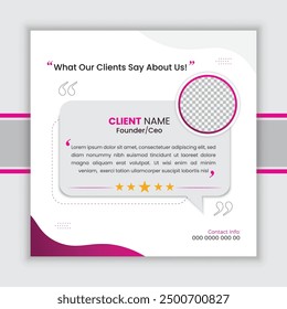 Client testimonial vector design template, client testimonial social media web banner template, customer feedback testimonial vector template, client review template.