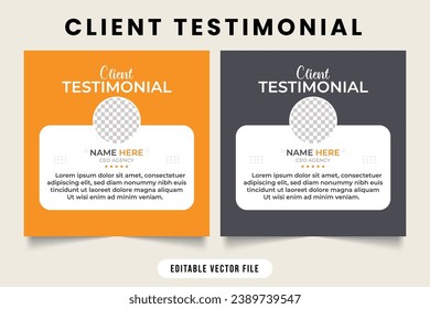 Client testimonial and work review template vector. Customer work experience and feedback layout design with yellow and black. Customer feedback testimonial layout with photo placeholders.