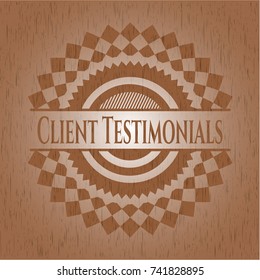 Client Testimonials badge with wooden background