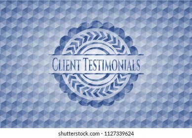 Client Testimonials blue badge with geometric background.