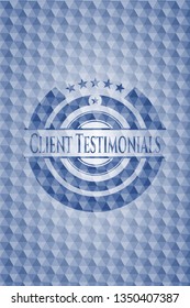 Client Testimonials blue badge with geometric background.