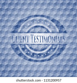 Client Testimonials blue emblem with geometric background.