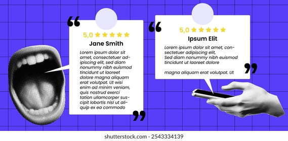 Client Testimonials Collage Banner with Halftone Elements Hand, Mouth and Smartphone. Vector Background for Social Review, Customer Feedback, Digital Comment Box.