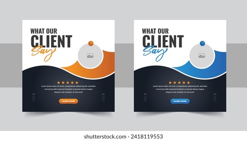 Client testimonials or customer feedback social media post web banner template, Customer service client feedback review social media post. Client or customer review testimonial social media post