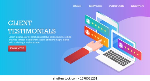 Client testimonials. Customer rating, sharing online experience, Customer satisfaction, 3D, isometric vector concept with icons and texts