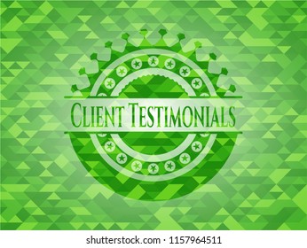 Client Testimonials green emblem with mosaic ecological style background