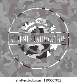 Client Testimonials grey camouflaged emblem