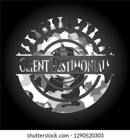 Client Testimonials on grey camo pattern