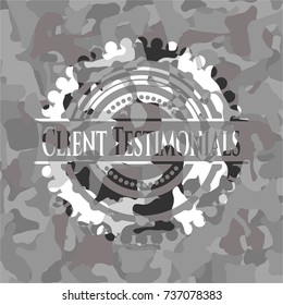 Client Testimonials on grey camouflage pattern