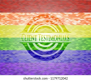 Client Testimonials on mosaic background with the colors of the LGBT flag