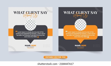 Client testimonials review layout template with a photo placeholder. Customer feedback testimonial and review section design with yellow and gray color. Minimalistic customer feedback testimonial.