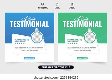 Client testimonials testimonial template vector with blue and green colors. Customer feedback template design with star ratings. Customer feedback review or testimonial layout vector.