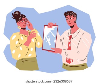 Cliente probando gafas en una tienda de ópticas con ayuda de ilustraciones vectoriales planas y ópticas aisladas en fondo blanco. Óptica y optometría, corrección de visión y venta de gafas de moda.