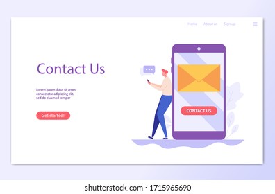 Client using mobile phone and writing mail. Contact us landing page. Concept of online support, customer support, email marketing. Vector illustration for UI, web banner, mobile app