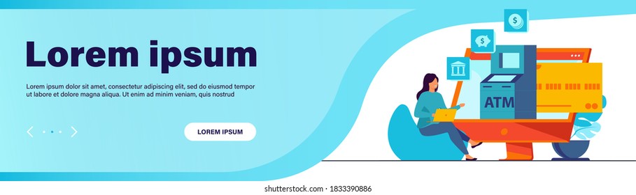 Client using online bank service. Woman using computer for payments and transaction flat vector illustration. Internet, finance, technology concept for banner, website design or landing web page