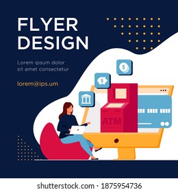 Client using online bank service. Woman using computer for payments and transaction flat vector illustration. Internet, finance, technology concept for banner, website design or landing web page