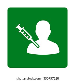Client Vaccination vector icon. Style is flat rounded square button, white and green colors, white background.