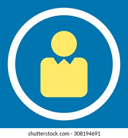 Client vector icon. This flat rounded symbol uses yellow and white colors and isolated on a blue background.