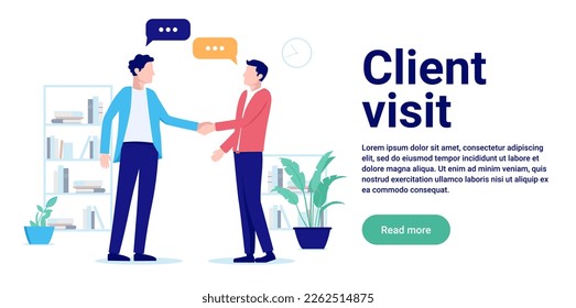 Client visit - Customer visiting office shaking hands and having agreement. Flat design vector illustration with copy space for text and white background