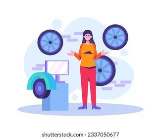 Client waiting for automobile. Auto mechanics performing car parts replacement. Technic occupation. Automobile repair service concept. Flat vector illustration