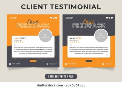 Client work review and testimonial design with yellow and dark gray colors. Modern customer feedback and quote layout vector for business promotion. Client experience and service review testimonial.