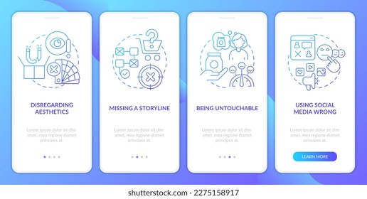 Clients attraction mistakes blue gradient onboarding mobile app screen. Walkthrough 4 steps graphic instructions with linear concepts. UI, UX, GUI template. Myriad Pro-Bold, Regular fonts used