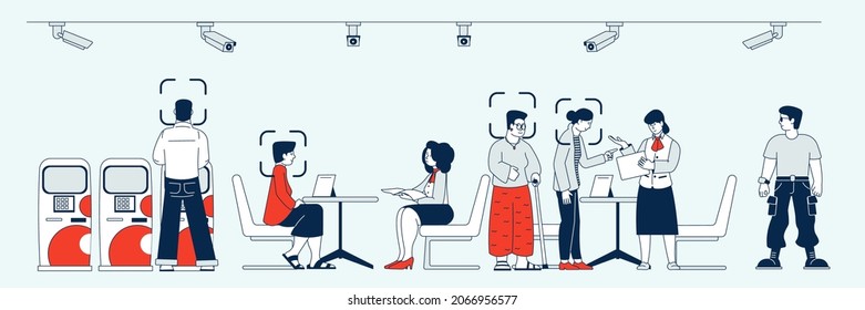 Clients in bank office. Face id, banking security service. Customer identification, clerk consulting people about support. Financial recent vector concept