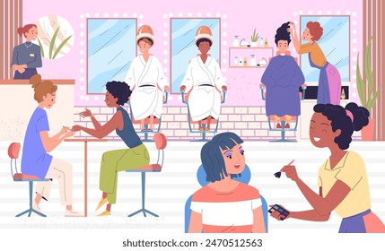 Clients in beauty salon. Women hairdresser service center, professional nail worker table manicure procedures makeup artist applying cosmetic, barber job classy vector illustration of beauty hair