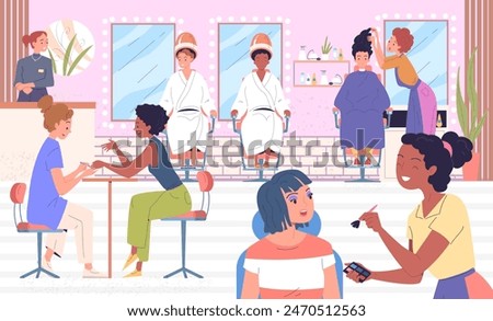 Clients in beauty salon. Women hairdresser service center, professional nail worker table manicure procedures makeup artist applying cosmetic, barber job classy vector illustration of beauty hair