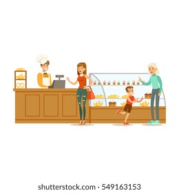 Clients Choosing And Buying Pastry At The Cashier Of The Bakery Shop Vector Illustration