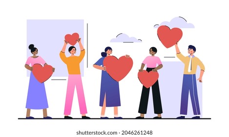 Clients choosing satisfaction rating concept. Men and women write positive reviews and put hearts. Characters give feedback about product. Cartoon flat vector illustration isolated on white background