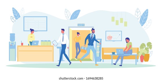 Clients Coming out from Elevator to Bank Department Flat Cartoon Vector Illustration. Woman Bank Clerk Welcoming Customers. Man with Briefcase Entering. Girl Work on Laptop. Financial Establishment.