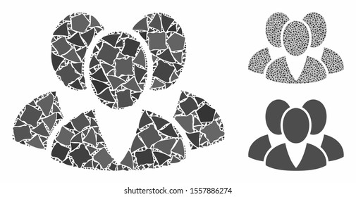 Clients composition of abrupt pieces in variable sizes and color tints, based on clients icon. Vector raggy pieces are organized into collage. Clients icons collage with dotted pattern.