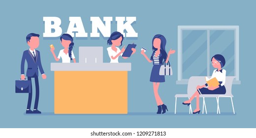 Clients and consultants in a bank office. Young assistants offering business banking products and services to customers, provide helpful financial information. Vector illustration, faceless characters
